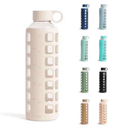 purifyou 40oz / 32oz / 22oz / 12oz Borosilicate Glass Water Bottle with Time & Volume Markers, Silicone Sleeve, Stainless Steel Lid | Reusable Glass Bottle for Water & Juice (32oz Pearled Ivory) - color: Pearled Ivory (1 Count), size: 32 Ounces