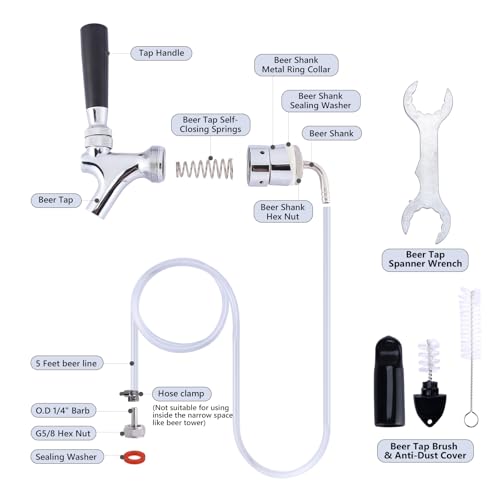 Draft Beer Faucet Beer Line Shank Kit Kegerator Parts Beer Tower Dispenser Replacement Set, Self-Closing Beer Tap 3/16” ID Beer Tubing 1/4" Keg Coupler Barb