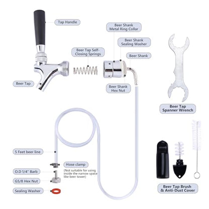 Draft Beer Faucet Beer Line Shank Kit Kegerator Parts Beer Tower Dispenser Replacement Set, Self-Closing Beer Tap 3/16” ID Beer Tubing 1/4" Keg Coupler Barb