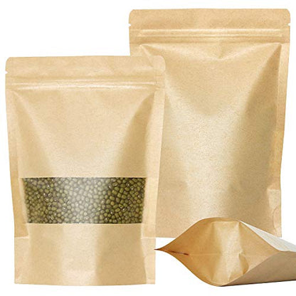 SumDirect Kraft Stand Up Pouches - 50Pcs Resealable Kraft Paper Stand Up Bags with Window, Zipper Disposable Food Storage Bags for Home or Business (50, 5.5x7.8inch) - size: 5.5x7.8inch