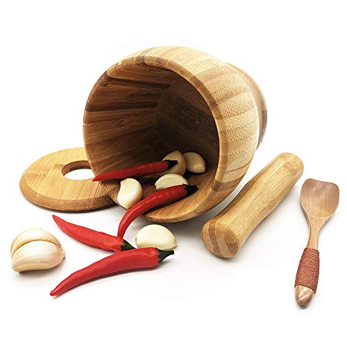 Wooden Mortar and Pestle Set with a Lid and Spoon