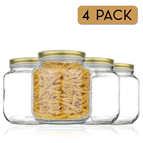 kitchentoolz Half Gallon Mason Jar Wide Mouth - 1/2 Gallon Big Mason Jars with Airtight Gold Metal Lid - 64 oz Glass Jar with Lid for Pickling, Fermenting, Canning - Made in USA, 4 Pack - color: Gold Lid