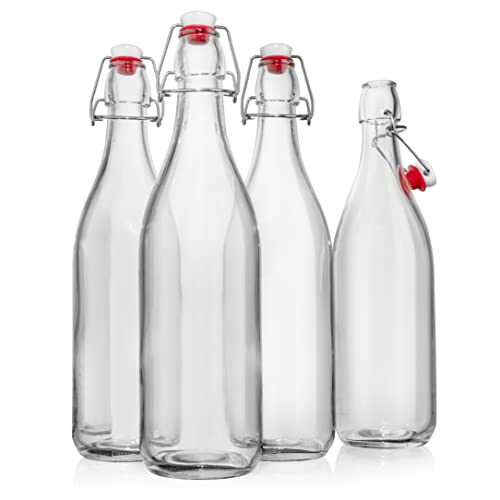 Swing Top Glass Bottles [1 Liter / 33 fl. oz.] [Pack of 4] – Flip Top Coquito Bottles for Kombucha, Fermentation, Beer, Kefir, Wine – Airtight Stopper Lids with Extra Gaskets, Funnel, Labels & More - size: 2.3