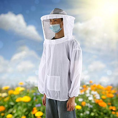 Beekeeping Tools Suits,Breathable Adult Anti Bee Veil Suit Beekeeping Protective Clothing Beekeeper Protective Outfit Upper Body Beekeeping Jacket with Veil Hood Ventilated (White) - color: White