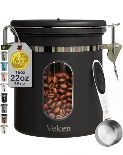 Veken Coffee Canister with Window, Family Choice Awards Winner, Airtight Stainless Steel Home Kitchen Food Storage Container with Lids for Grounds, Beans, Tea, Flour,Cereal,Sugar Jars,Scoop,16OZ,Black - color: Black, size: 16 oz