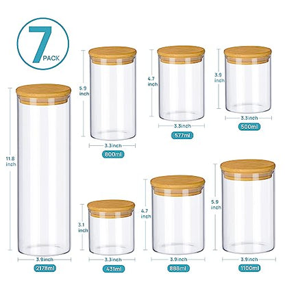 Vtopmart Glass Food Storage Jars, 7 Pack Kitchen Containers with Airtight Bamboo Wooden Lids for Pasta, Cookies, Nuts, Coffee Beans, Cereal, Canisters Set for Flour, Pantry Organization, BPA Free - size: 7 Pack (15 oz - 74 oz)