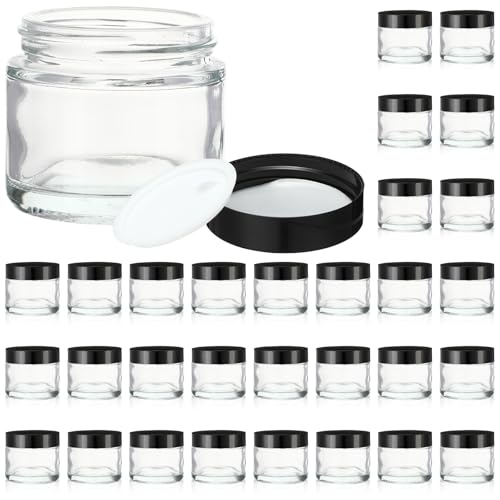 30 Pcs 2 oz Clear Glass Jars with Black Lids Leakproof Round Airtight Jars Empty Cosmetic Jars with Inner Liners Lid for Candle Making Storing Lotions Spice Powder Liquid Sample Makeup (Black,clear) - color: clear, size: 2 oz(30 Pcs)