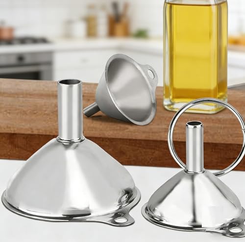 Stainless Steel Funnel Set, 3-Piece Food Grade Kitchen Funnels Large Medium Small, with Cleaning Brushes for Filling Bottles Jars Containers, Cooking Oil Transfer Tools