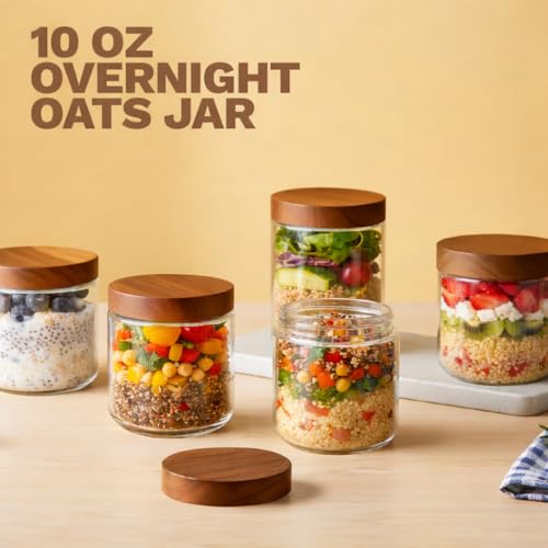 Bumobum 10 oz Small Glass Jars with Lids, Glass Container with Acacia Wood Airtight Lid, Wide Mouth Canisters for Chia Pudding Loose Tea Coffee Meal Prep Parfait Salad Snacks Yogurt Spice, 4-Pack - color: 10oz