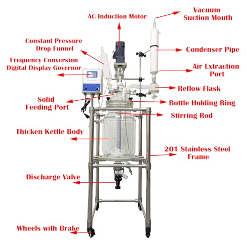 20L Double-Layer Glass Reactor Lab Jacketed Glass Reactor with Digital Display & Stepless Speed Regulation, Chemical Reaction Vessel for Chemical Reaction, Distillation and Synthesis