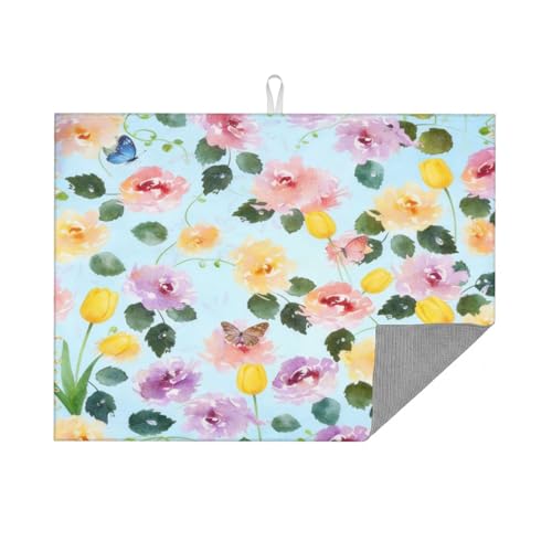 Kitchen Drying Mat for Countertop Watercolor Floral Butterfly Garden Non-Slip Kitchen Counter Mat for Dishes Glassware - color: Light Blue Pink