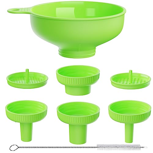 Pisol Wide Mouth Versatile Funnel, Canning Funnels for Kitchen Use, Plastic Cooking Funnel Set with 4 Size Spouts and 2 Strainers for Filling Different Bottles, Green