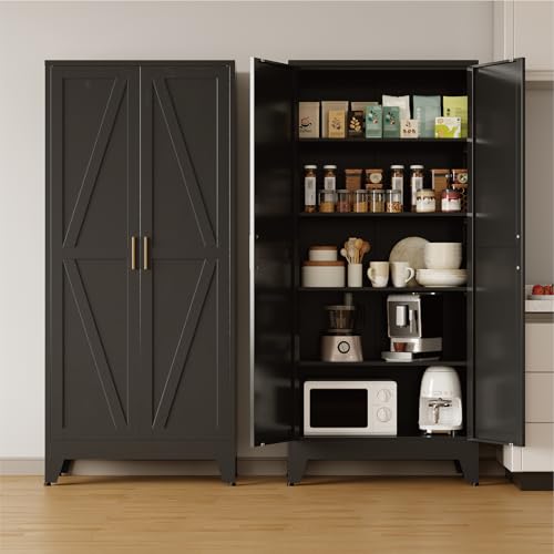 COFaR Metal Pantry Cabinet with Doors, Farmhouse 71'' Tall Storage Cabinet with 4 Adjustable Shelves, Kitchen Pantry Cabinet for Dinning Room, Garage, Laundry, Bathroom, Black 5-Tier - color: Black, size: 71 Tall 2 Doors-Farmhouse