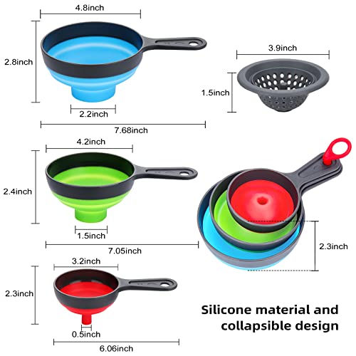 Funnel with Strainer for Kitchen Use, Dokpod Silicone Funnels for Filling Bottles and Wide Mouth Canning, Collapsible Kitchen Funnel with Filter