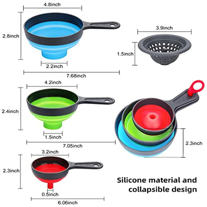 Funnel with Strainer for Kitchen Use, Dokpod Silicone Funnels for Filling Bottles and Wide Mouth Canning, Collapsible Kitchen Funnel with Filter