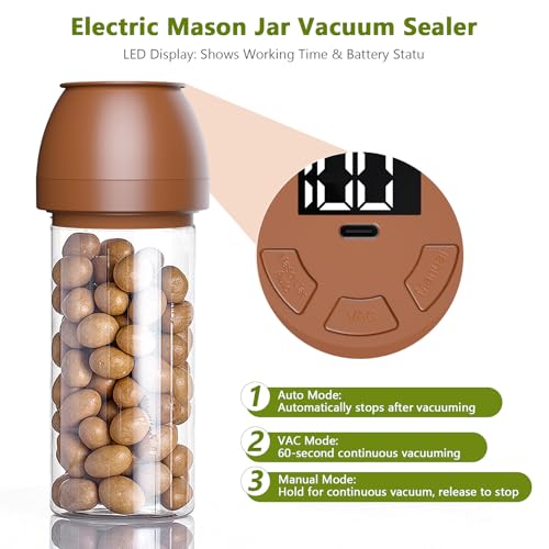 FUTUREZEN Electric Mason Jar Vacuum Sealer Kit for Regular & Wide Mouth Canning Jars, 3-in-1 Handheld Automatic Sealing Machine Kit for Food Storage & Fermentation, Includes Lids, Opener, USB-C Cable - color: Brown