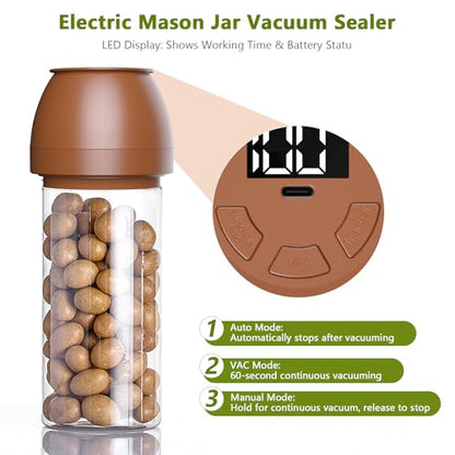 FUTUREZEN Electric Mason Jar Vacuum Sealer Kit for Regular & Wide Mouth Canning Jars, 3-in-1 Handheld Automatic Sealing Machine Kit for Food Storage & Fermentation, Includes Lids, Opener, USB-C Cable - color: Brown