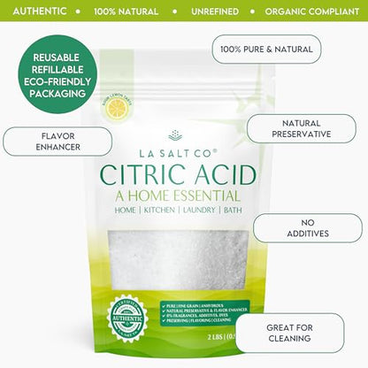 LA SALT CO Citric Acid 2 Pound Pouch, 100% Pure Food Grade, USP, Kosher, Non-GMO, Fragrance Free Fragrance Free - size: 32 Ounce (Pack of 1)