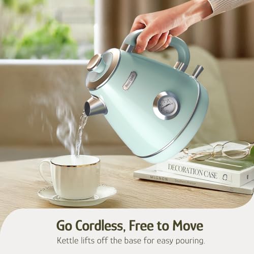 Hazel Quinn Retro Electric Kettle - 1.7 Liters / 57.5 Ounces Tea Kettle with Thermometer, All Stainless Steel, 1200 Watts Fast Boiling, BPA-free, Cordless, Automatic Shut Off - Mint Green - color: Mint Green