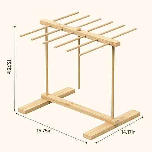 Bamboo Pasta Drying Rack with Transfer Wand and 12 Bars, Noodle Drying Rack for Pasta, Pasta Dryer Stand, Pasta Hanger for Kitchen