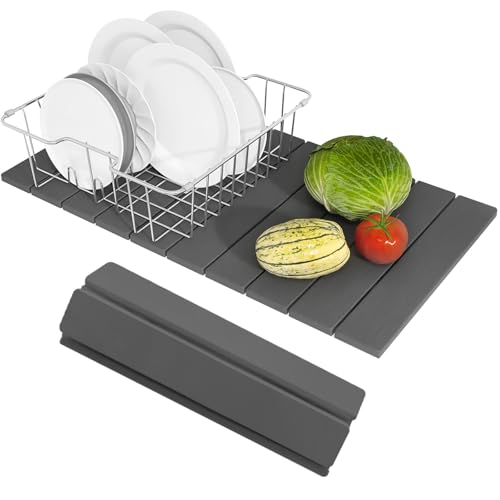 Hopegiver Stone Drying Mat for Kitchen Counter, 24" x 16" Quick Dry Diatomaceous Earth Dish Drying Mat, Super Absorbent, Non-Slip & Foldable, Modern Dark Gray Countertop Mat (DarkGray,24''x16'') - color: DarkGray, size: 24" x 16"