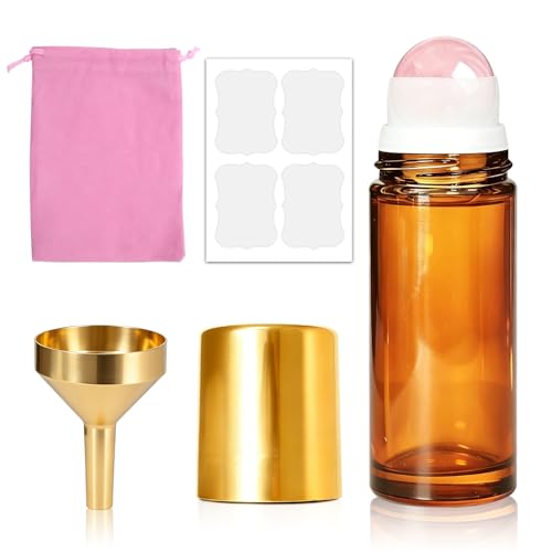Cocurb 1oz Rose Quartz Roller Bottle for Castor Oil,Essential Oils and Skincare DIY,Refillable Leak-Proof Amber Glass Roll on Bottle Empty Deodorant Container with Gold Cap&Storage Bag - color: Amber, size: 1 pack
