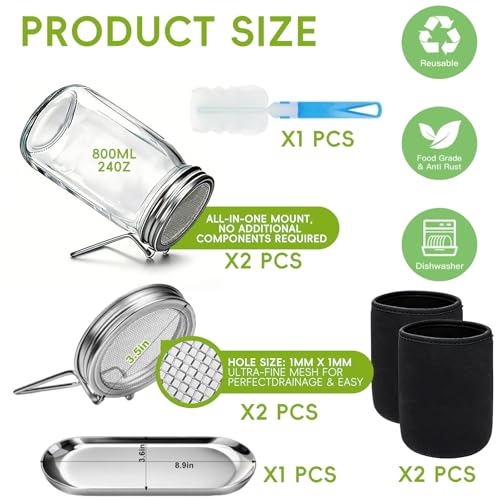 2Pack Sprouting Kit with Stainless Steel Screen Sprouting Lids, Glass Mason Jars, Light-Blocking Sleeves and Brush, Premium Reusable Sprouts Growing Kit for Organic Broccoli Alfalfa Seeds Bean Sprouts