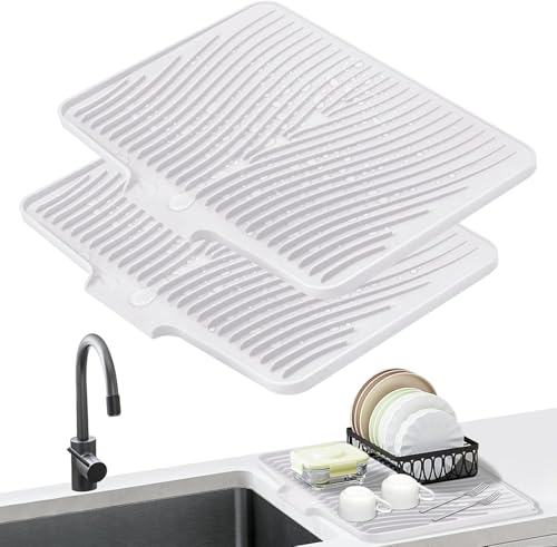 Silicone Dish Drying Mat for Kitchen counter, 15.8"x13" 2Pcs Extra Large Non-Slip Drain Pad with Built-in Drainage, Heat Resistant Dishwasher Safe, Ivory - color: Ivory-2pcs, size: 15.8" x 13"