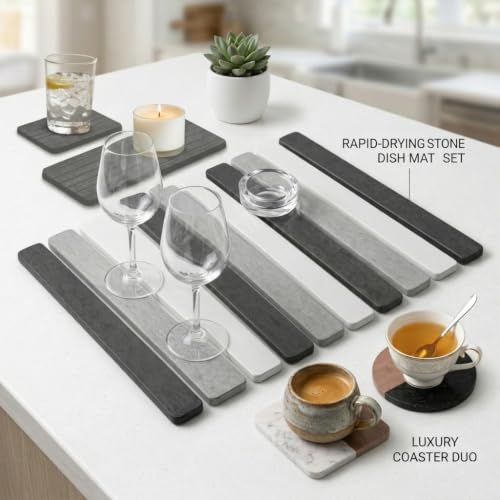 5 Pcs - Large Stone Dish Drying Mat for Kitchen Counter, Foldable Quick Dry Stone Dish Mat, Diatomaceous Earth Water Absorbing Pad 24"×16" & 2*8"x4" with 2 Coasters (Dark Grey + Light Grey + Grey) - color: Dark Grey + Light Grey + Grey