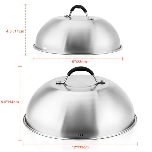 only fire Chesse Melting Dome,9 Inch &12 Inch Heavy Duty Round Basting Steam Cover,Stainless Steel Griddle Accessories for Flat Top Griddle Grill Indoor or Outdoor,2PCS,Dishwasher Safe