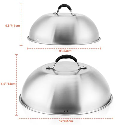 only fire Chesse Melting Dome,9 Inch &12 Inch Heavy Duty Round Basting Steam Cover,Stainless Steel Griddle Accessories for Flat Top Griddle Grill Indoor or Outdoor,2PCS,Dishwasher Safe