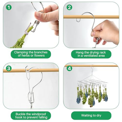 4 Pack Hanging Herb Drying Rack, Stainless Steel with 30 Hooks - Space Saving Herb Dryer for Fresh Herbs, Flowers, Tea & Culinary Herbs - Rustproof Kitchen & Garden Drying Rack