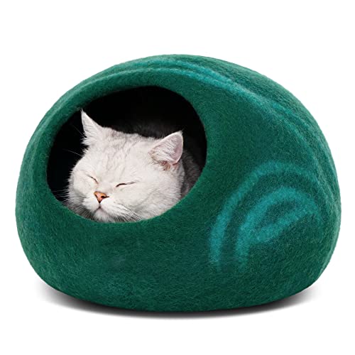 MEOWFIA Cat Cave – Premium Felt Cat Bed Enclosure for Indoor Cats, Handmade Merino Wool (Emerald, Medium) - color: Emerald, size: Medium