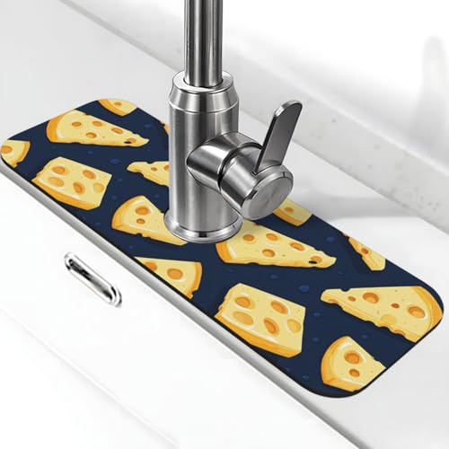 Bright Cheese Print Faucet Mat for Kitchen Sink, Absorbent Fast Drying Faucets Mat Splash Guard, Cute Kitchen Sink Mats for Around Faucet Draining