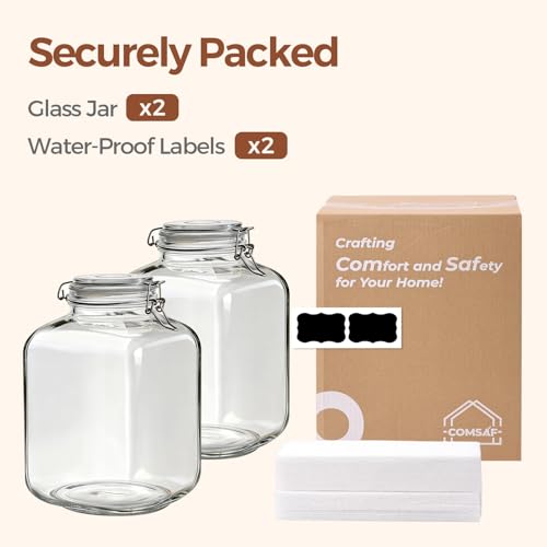 ComSaf 5L Square Glass Jars with Airtight Lids (1.3 Gallon, Set of 2), Space-Saving Canisters for Bulk Flour & Rice Storage, Ideal for Large-Batch Fermenting, Pickling & Kombucha - size: 1.3 Gal*2