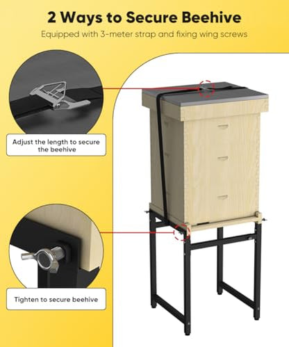 Mondazie Adjustable Metal Bee Hive Stand with 120-Inches Strap for 8 & 10 Frame Beehives Box, 12 to 19 Inches Width Beehive Frame Holder , Heavy Duty Flow Hives Stands Base for Beekeeping, Black - color: Black - Standard