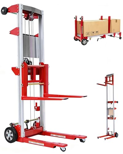122" Material Lift Winch Stacker, 400 lbs Capacity Manual Material Lifts, Fixed Straddle Material Lifter, Hand Winch Lift Trucks for Warehouse, Factory, Lightweight, 34.60" L x 24.80" W, Red - color: Red