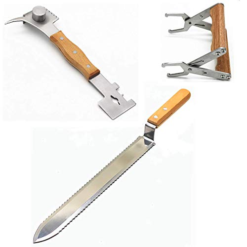 WEICHUAN Beekeeping Tools Set of 3, Include Uncapping Knife, Frame Gripper and Multifunction Hive Scraper, Stainless Steel Body with Wooden Handle