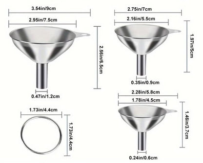 3-Pack Stainless Steel Funnel Set - Small Mouth Funnels for Wine, Oil, Liquor & Kitchen Liquids, Food Grade Metal Funnels for Efficient Pouring, Dishwasher Safe Bar & Home Accessories