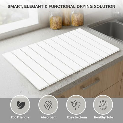 Large Stone Drying Mat for Kitchen Counter | 24"x16" | Fast Drying Collapsible Diatomaceous-Earth Mat | Super Absorbent Folding Mat for Dishes, Bottles, Glass, Heat-Resistant, Non-Slip (White) - color: White