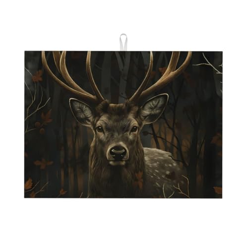 Deer in Forest Dish Drying Mat | For Kitchen Reusable Washable Large Dish Draining Mat 18x24 Inch Kitchens Decor - color: Deer In Forest