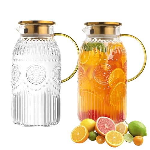 Amzcku Glass Pitcher with Lid, 68 oz/ 2 Liter 2Pack Vintage Water Pitcher,Glass Water Carafe for Cold Brew, Coffee, Lemonade, Iced Tea,Beverage, Heat Resistant Jug - size: 68 Ounces (2 Pack)