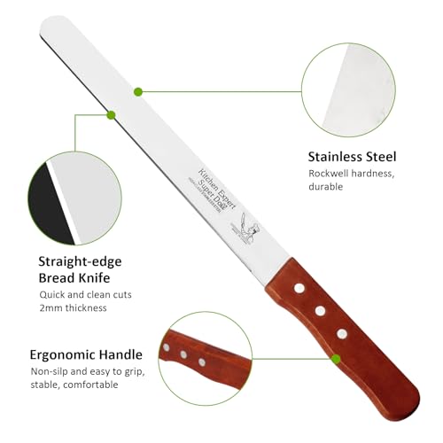 Bread Knife, Stainless Steel straight-edge Bread Knife for Homemade Bread, Cakes & Bagels, 10 Inch Kitchens Knifes Saw Breads Cutter, Bagel Sourdough Slicer Knifes with Wooden Handle