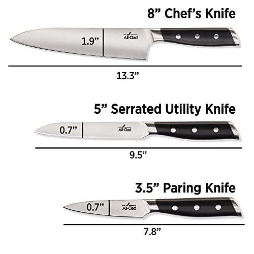 All-Clad Forged Steel Chefs Knife, Utility Knife, Paring Knife 3 Piece Kitchen Knife Set, Knife Block Set, Kitchen Knives, Black - color: Silver/Black, size: 3-Piece Knife Set