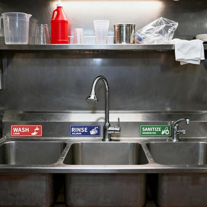 4PCS Wash Rinse Sanitize Sink Labels Stickers, Waterproof Hand Wash Only Sign, Supplies for 3 Compartment Sink,Wash Station, Kitchens, Restaurant, Food Trucks, Office - color: Wash Rinse Sanitize Sink Lables 375