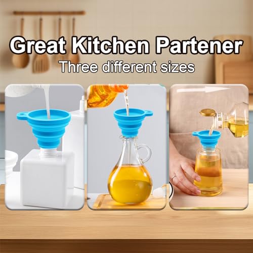 3PCS Silicone Collapsible Funnels Set for Kitchen Use Compact and Portable Liquid Transfer Tool, Blue - color: 3 Blue Ones