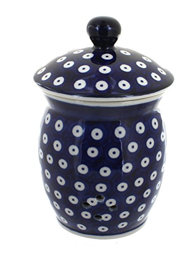 Blue Rose Polish Pottery - Blue Dots Garlic Keeper - 7.25" Tall - Ceramic Storage Jar with Vent Holes