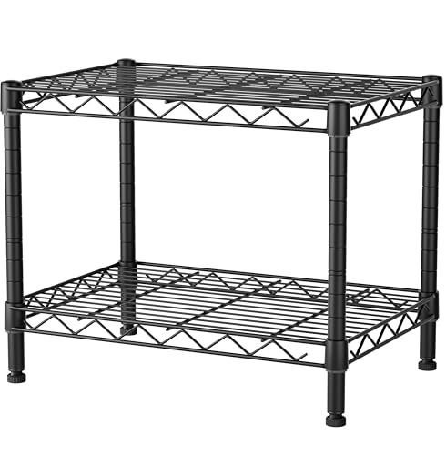 SINGAYE Small Wire 2 Shelves Pantry Metal Shelf Floor Organizer Under Desk | Armoire Adjustable Floor Kitchen Narrow Organizer Rack Shelving Short Square Stackable Standing Storage Tier Under Unit - color: Black, size: 2-Tier 11.8"D X 17.3"W X 12.2"H