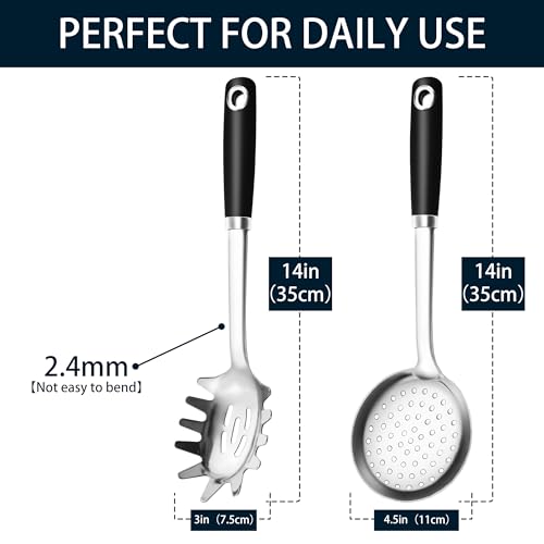 18/0 Stainless Steel Spaghetti Spoon & Slotted Spoon for Cooking, Heavy Duty Frying Spoon Pasta Strainer Skimmer, Cooking Utensils Commercial and Residential Use, Pack of 2 - size: Pasta Server & Slotted Skimmer