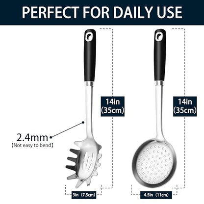 18/0 Stainless Steel Spaghetti Spoon & Slotted Spoon for Cooking, Heavy Duty Frying Spoon Pasta Strainer Skimmer, Cooking Utensils Commercial and Residential Use, Pack of 2 - size: Pasta Server & Slotted Skimmer